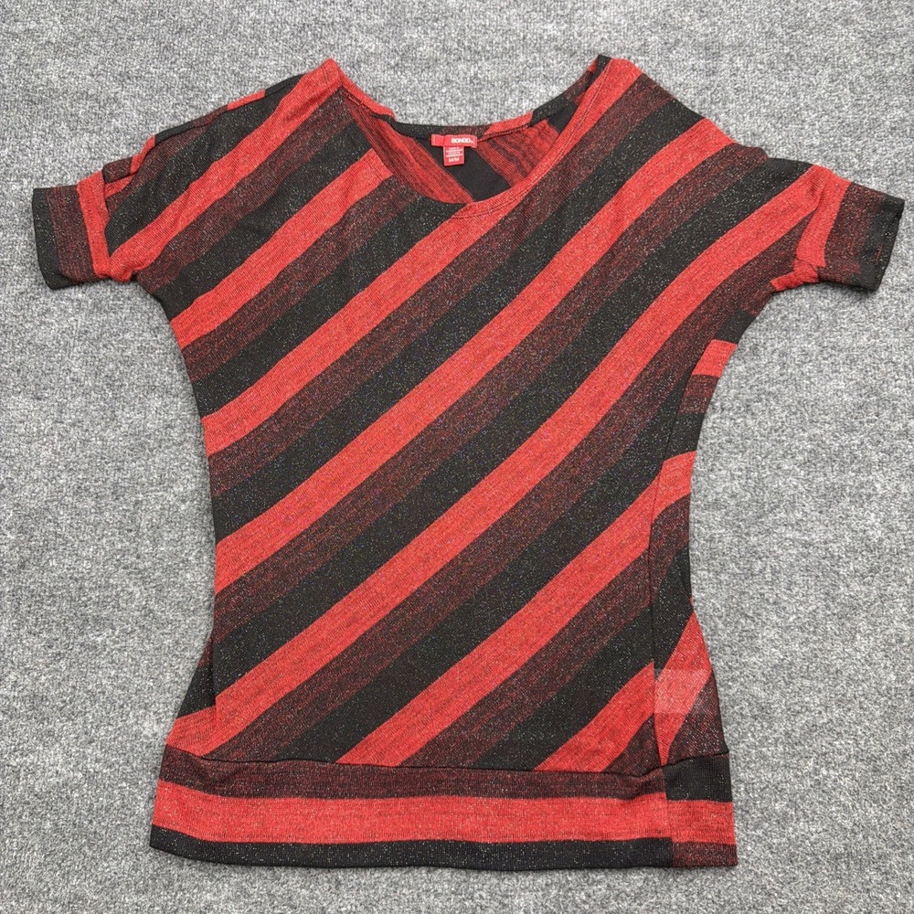 Bongo Y2K Striped Top Medium M Red Black Glitter Shimmer Mall Goth Banded Hem